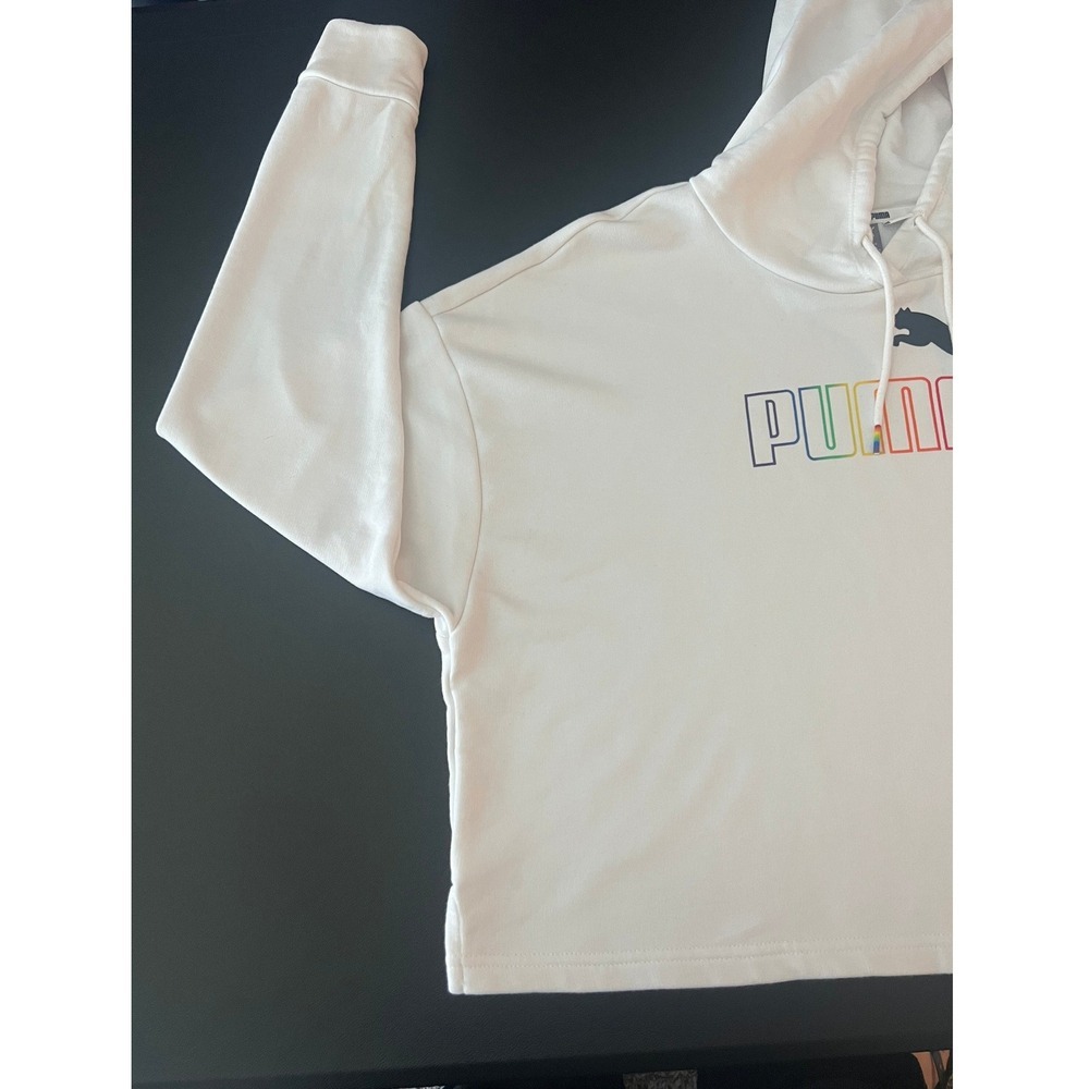 Puma Womens White Cropped Hoodie Rainbow Logo Sweatshirt Large (1092) - Picture 7 of 12